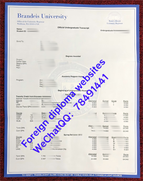 Brandeis University official academic transcript sample United States