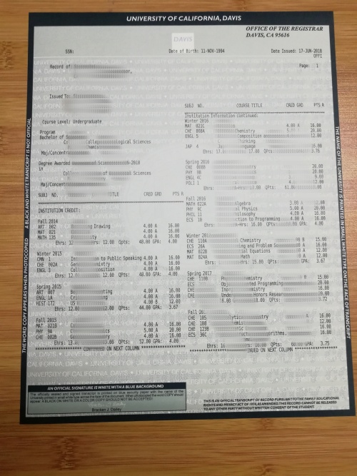 University of California, Davis academic transcript sample  USA University of California, Davis student credit grade record